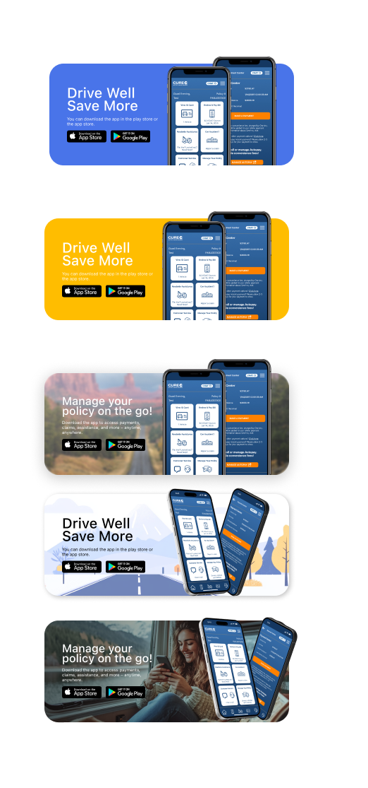 CURE app download banner variants — blue, yellow, and photo backgrounds