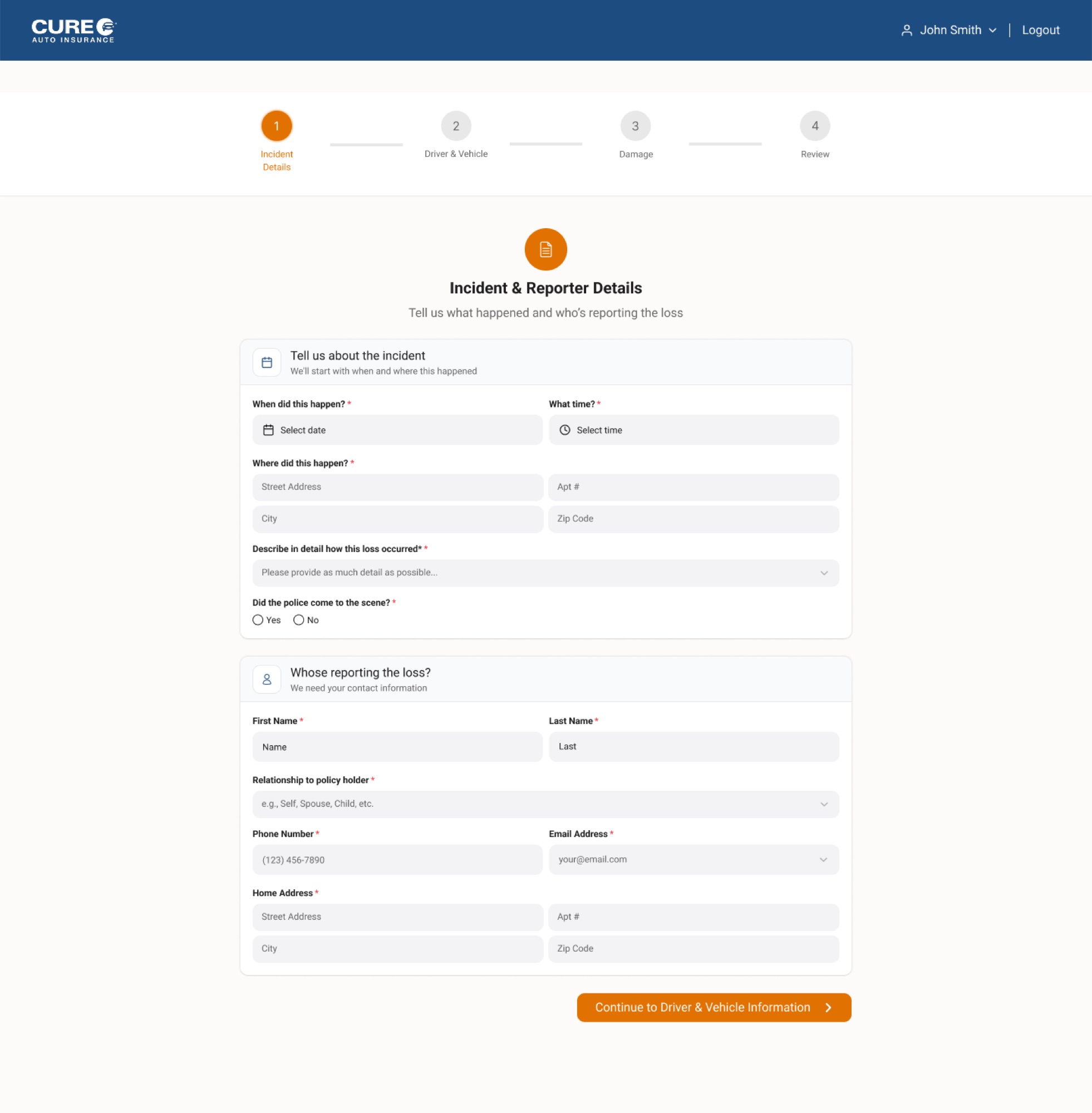 CURE Submit a Claim — step-by-step flow showing structured calm process