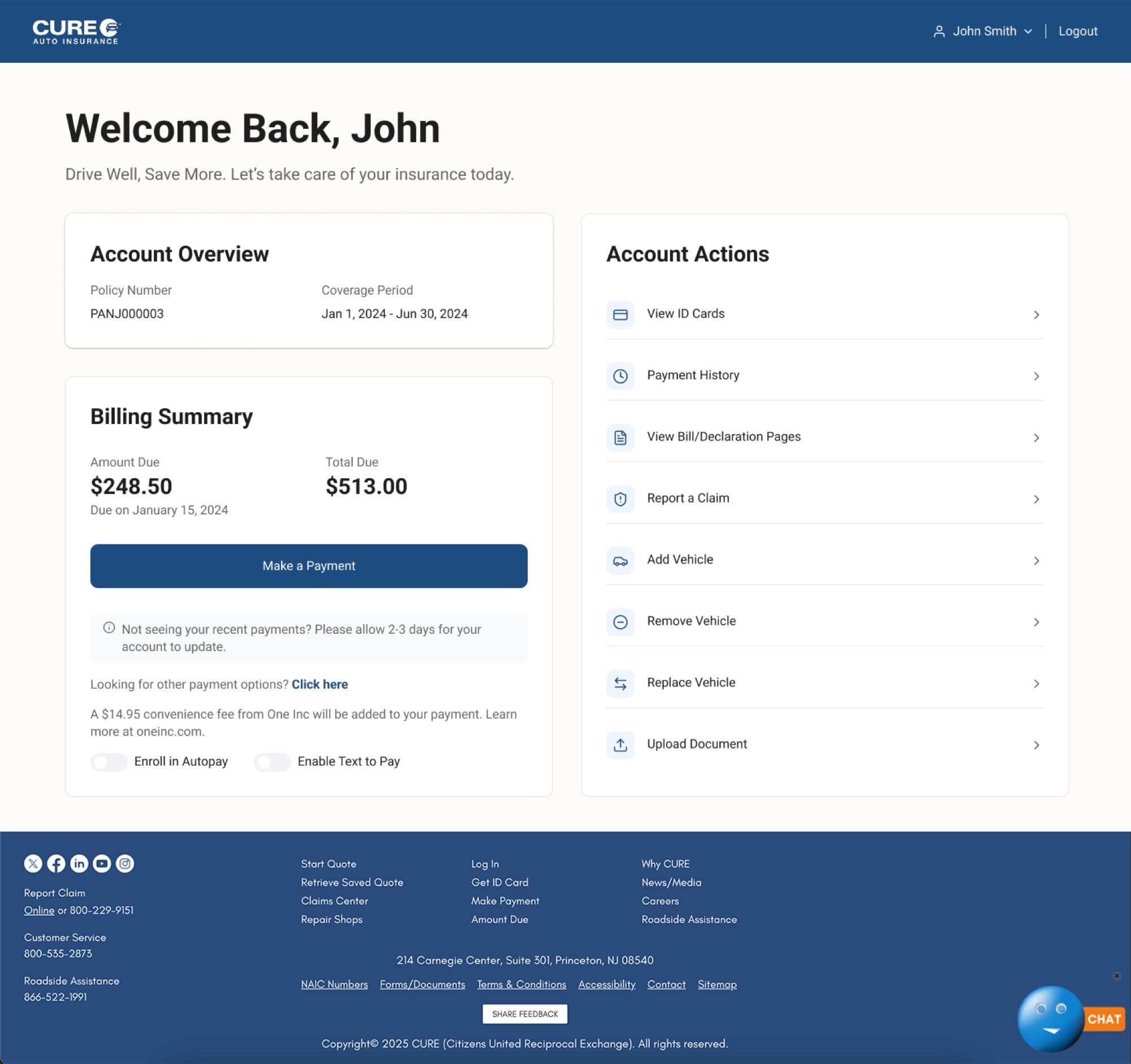 CURE My Account redesigned home dashboard — policy status, upcoming payment, and quick links surfaced