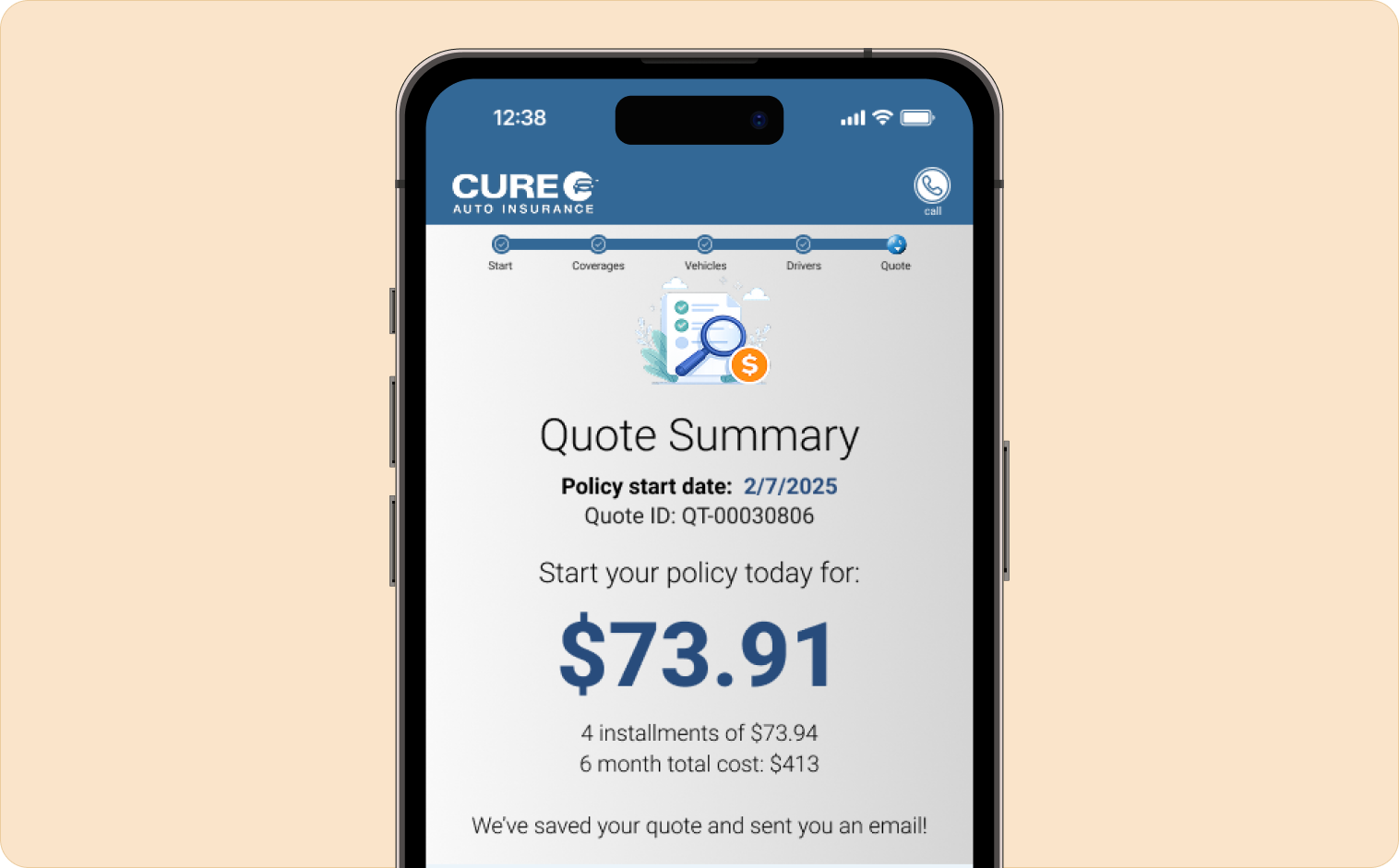 CURE Quote Summary screen showing $73.91 starting price with Join Now CTA