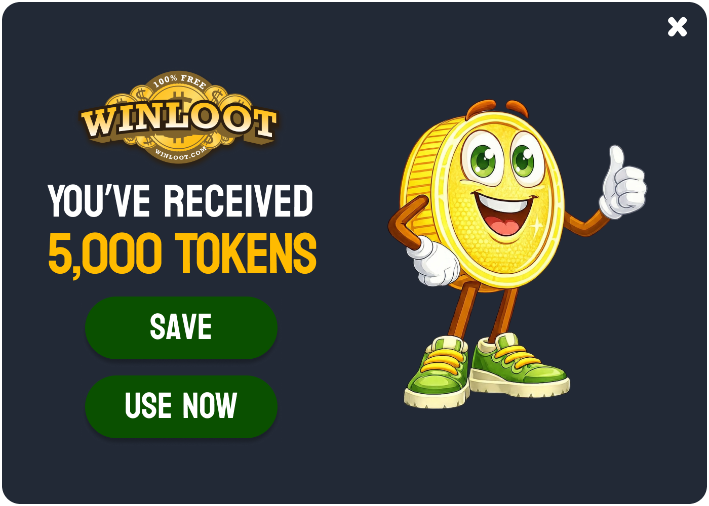 Winloot 5000 tokens confirmation modal