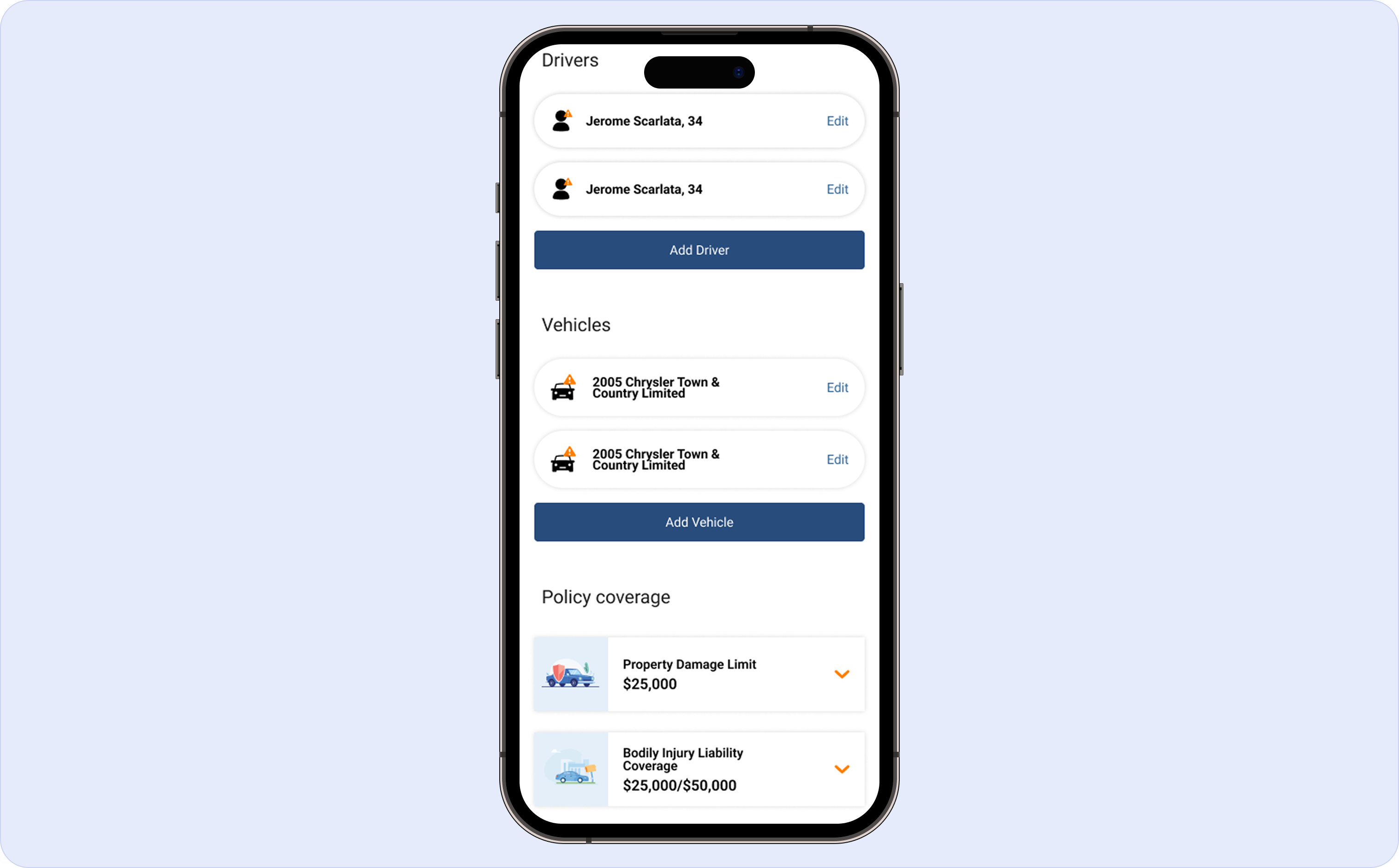 Consolidated screen showing Drivers, Vehicles, and Policy Coverage in one view