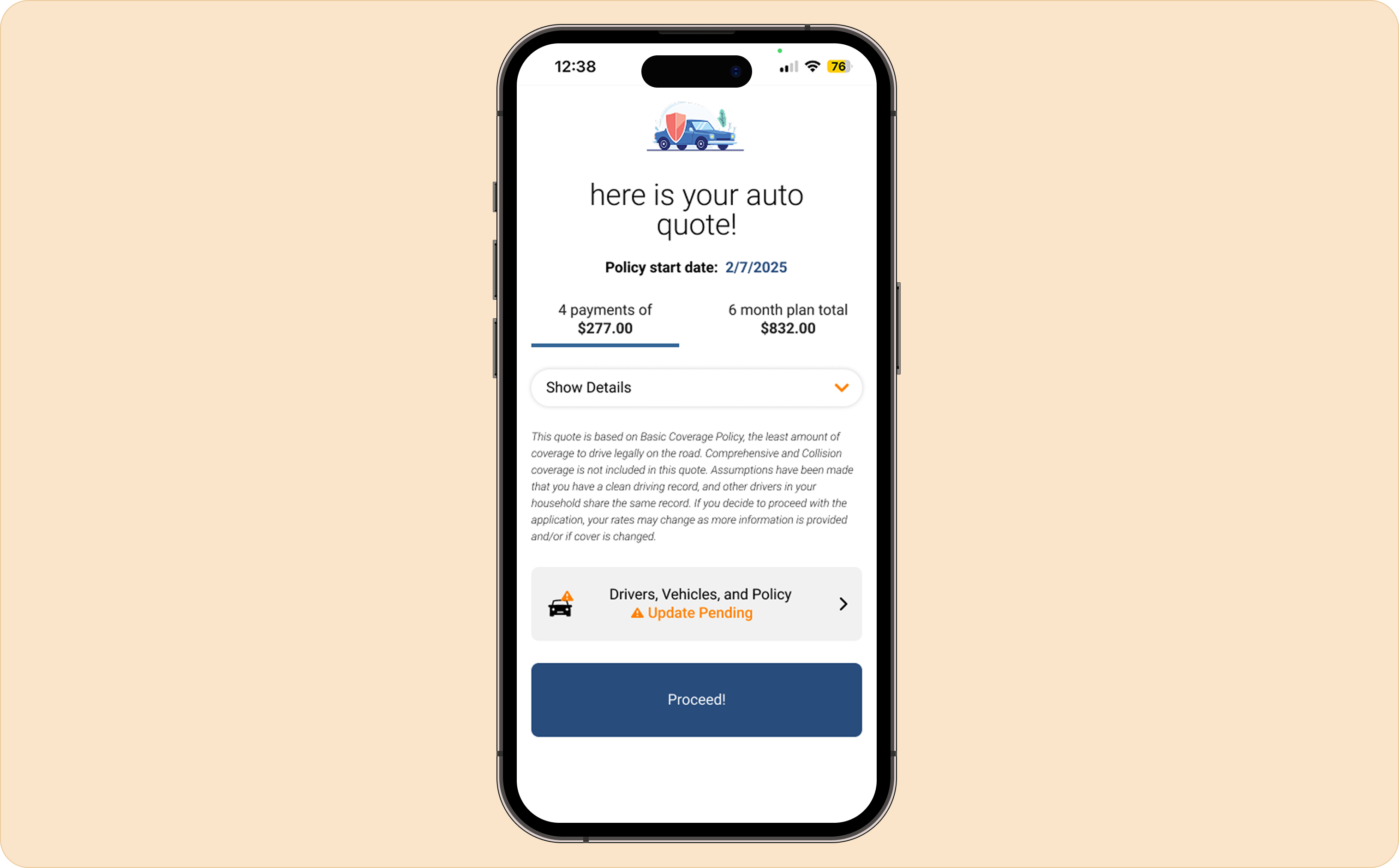 Redesigned quote summary — pricing surfaced as the hero with payment breakdown and editable coverage