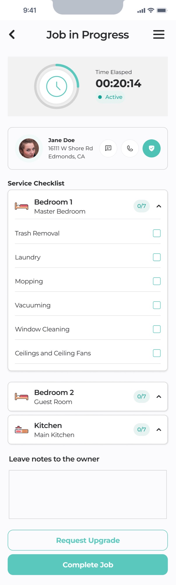 Cleaner Job in Progress screen with timer, service checklist, and room-by-room tracking
