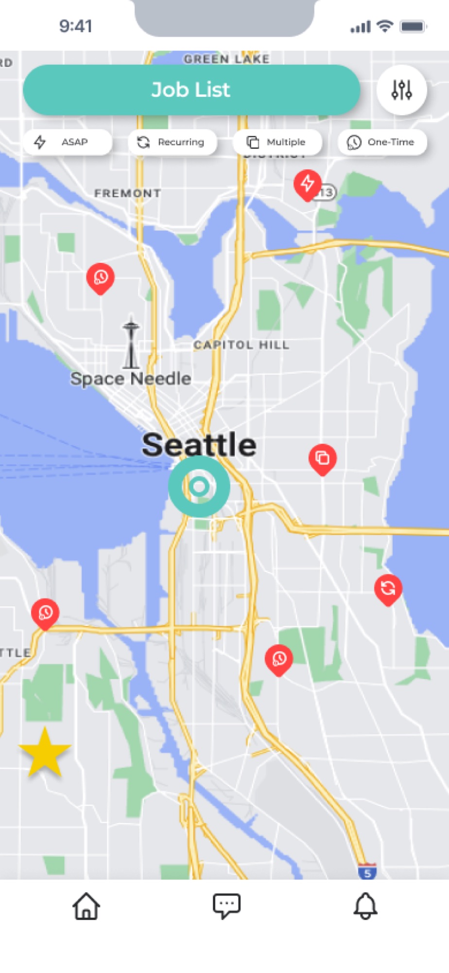 Cleaning Area screen with map, teal radius circle and custom radius slider